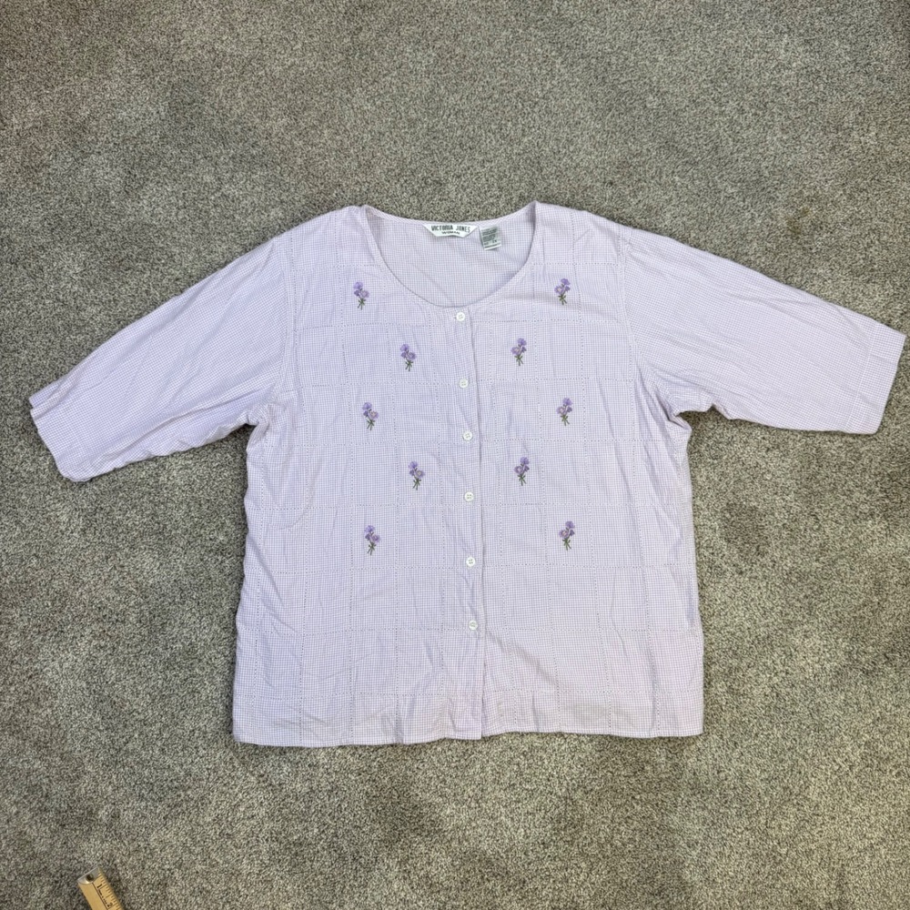 Victoria Jones Woman Purple Gingham Floral Embroidered 100% Cotton Button Top 2X